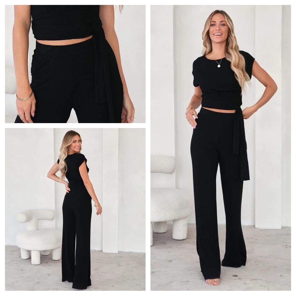 VICI OH SANDY Ribbed Pocketed Pant & Wrap Top Set - Black
